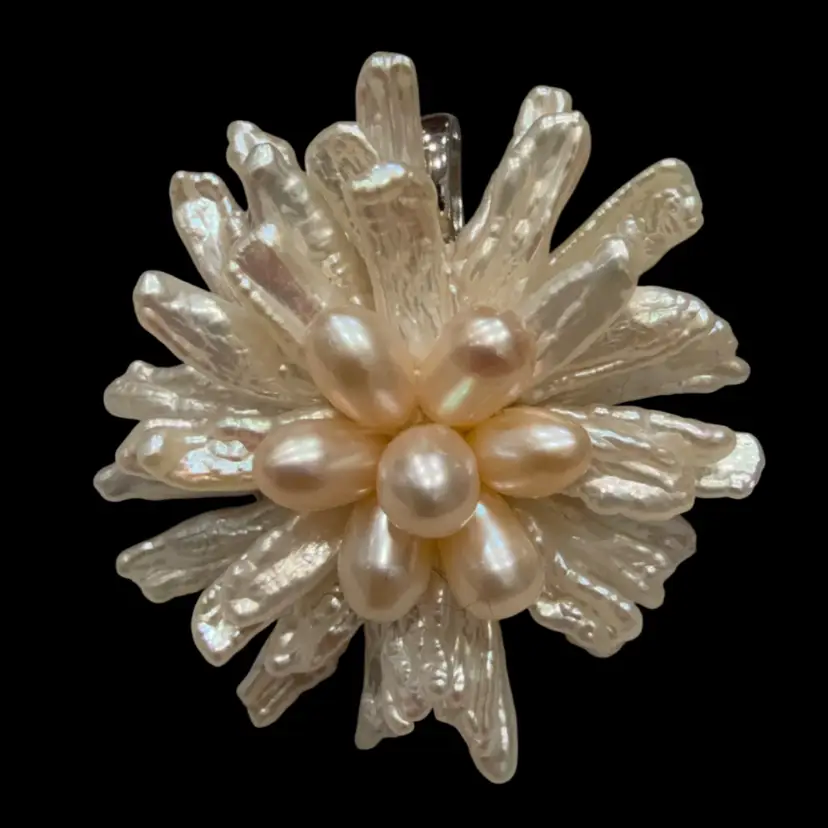 Unique Artisan Made Biwa Freshwater Pearls & Cultured Pearls Chrysanthemum Pendant Brooch 2”