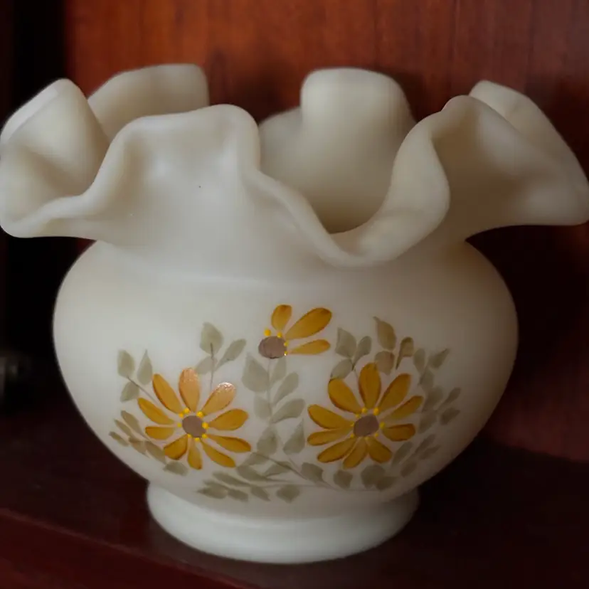 3.5” Fenton Satin Custard Vase Autumn Daisies