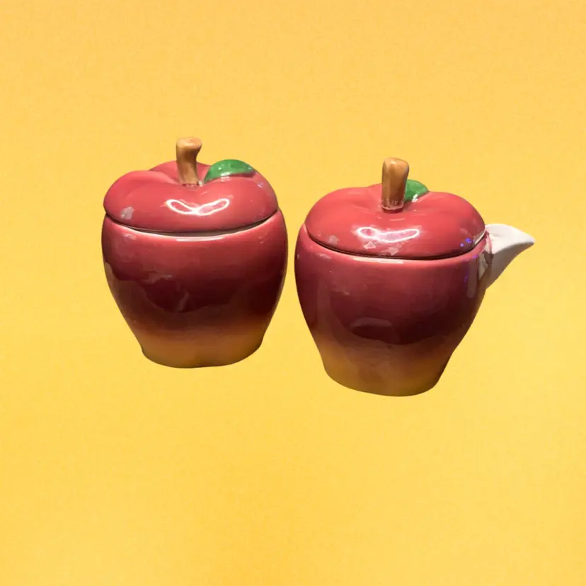 11. Vintage Red Apple Sugar Bowl & Milk Pitcher Set of 2 Ceramic Home Serverware 4” Tall
