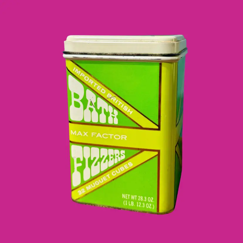 Vintage 60's MAX FACTOR British Bath Fizzers, ENGLAND UK, Green Tin For DISPLAY ONLY