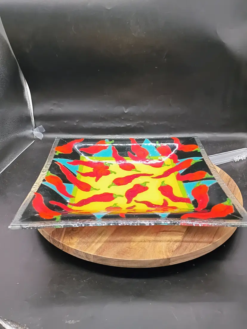 Peggy Karr 12.5” Fused Art Glass Red Hot Chili Peppers Square Serving Platter/ Bowl.