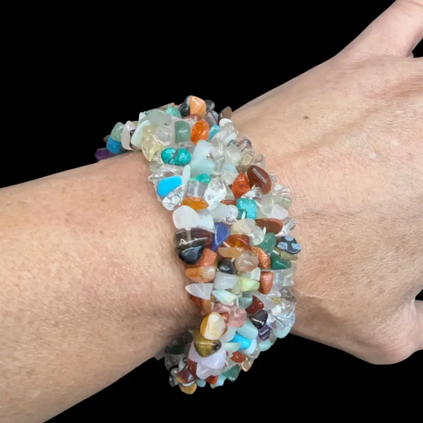 Chunky Y2K Multi Gemstone Chip Stretch Bracelet 1.25” Wide