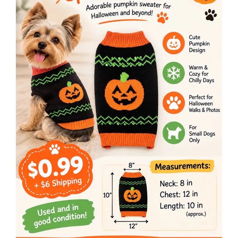 Pumpkin Patch Dog Sweater used and in good condition