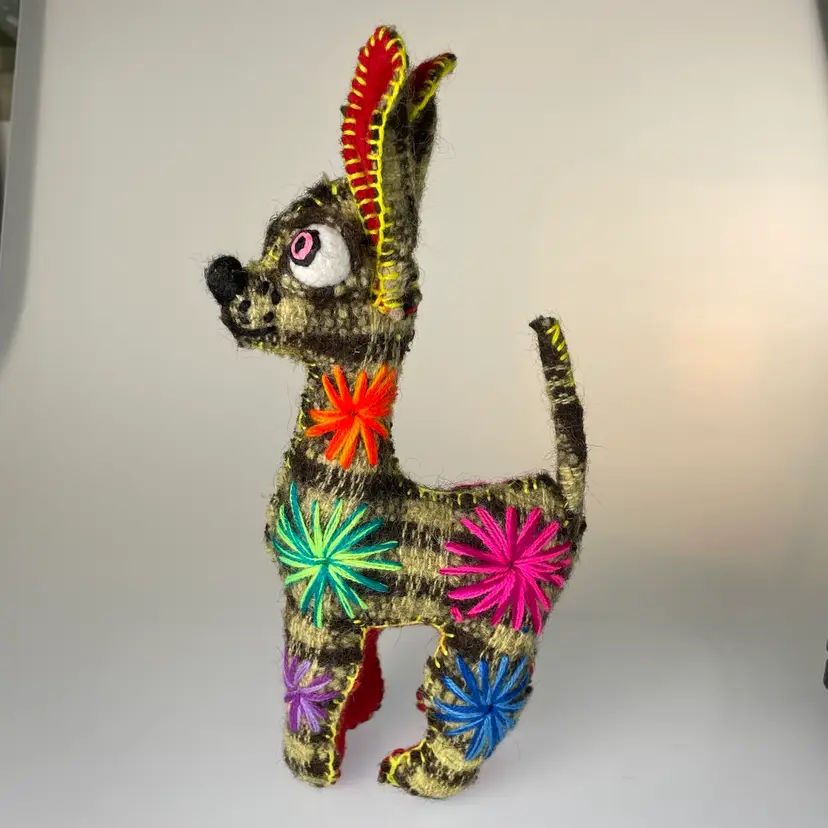 Repurposed Wool Bug Eyed Chihuahua Dog in Brown Stripes Plush Toy Mexican Folk Art Mexico 11"