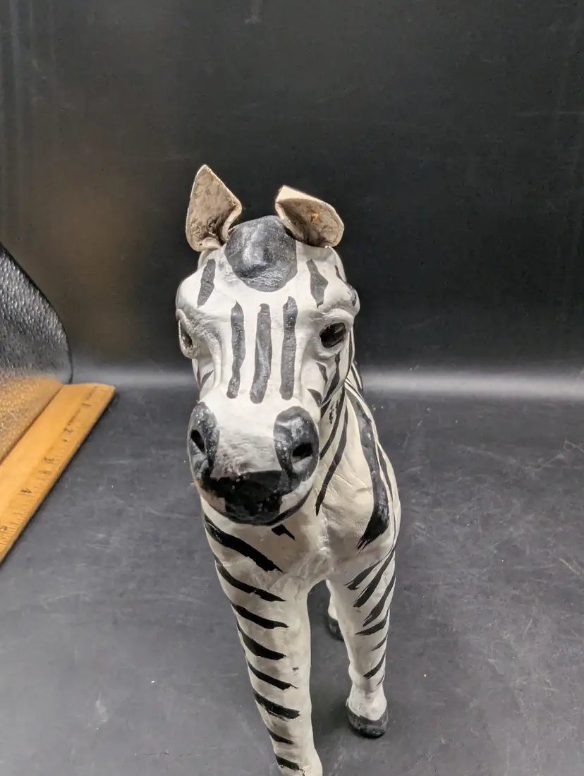 Vintage African Zebra Paper Mache Figure Glass Eyes Leather Ears.