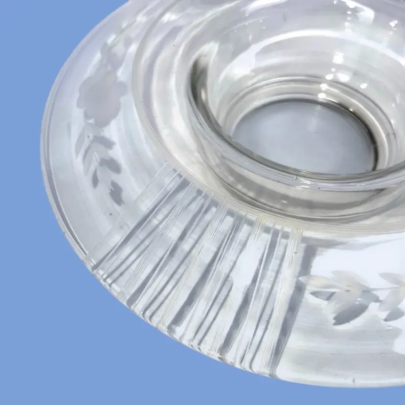 #186- Glass Console Dish Vintage Deco Engraved Rolled Edge Centerpiece Flower Candy Nut Condiment Shrimp Cocktail Appetizer
B1