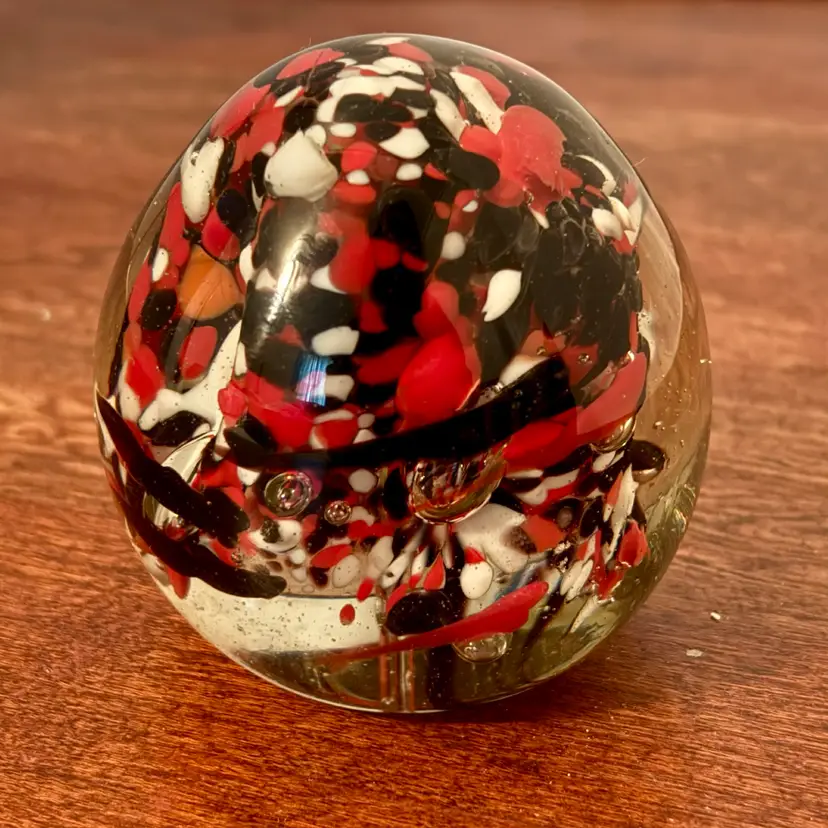 Vintage GLOWS ORANGE & PURPLE paperweight mix of red, black & white glass "millefiori/explosion”