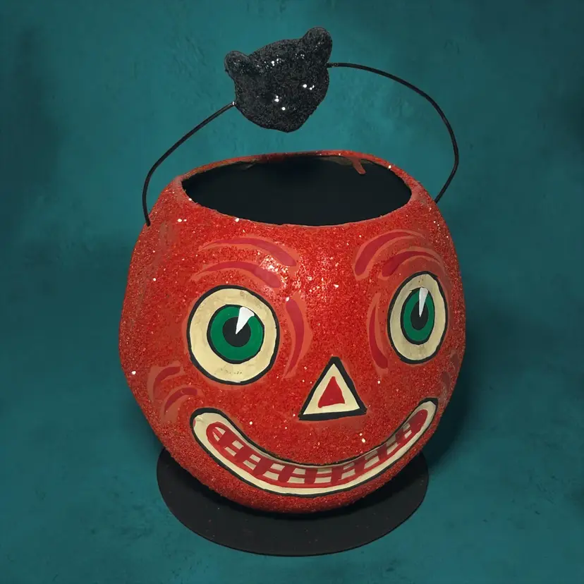 Dept 56 Halloween Pumpkin Jack-O-Lantern With Black Cat Candy Bucket Paper Mache