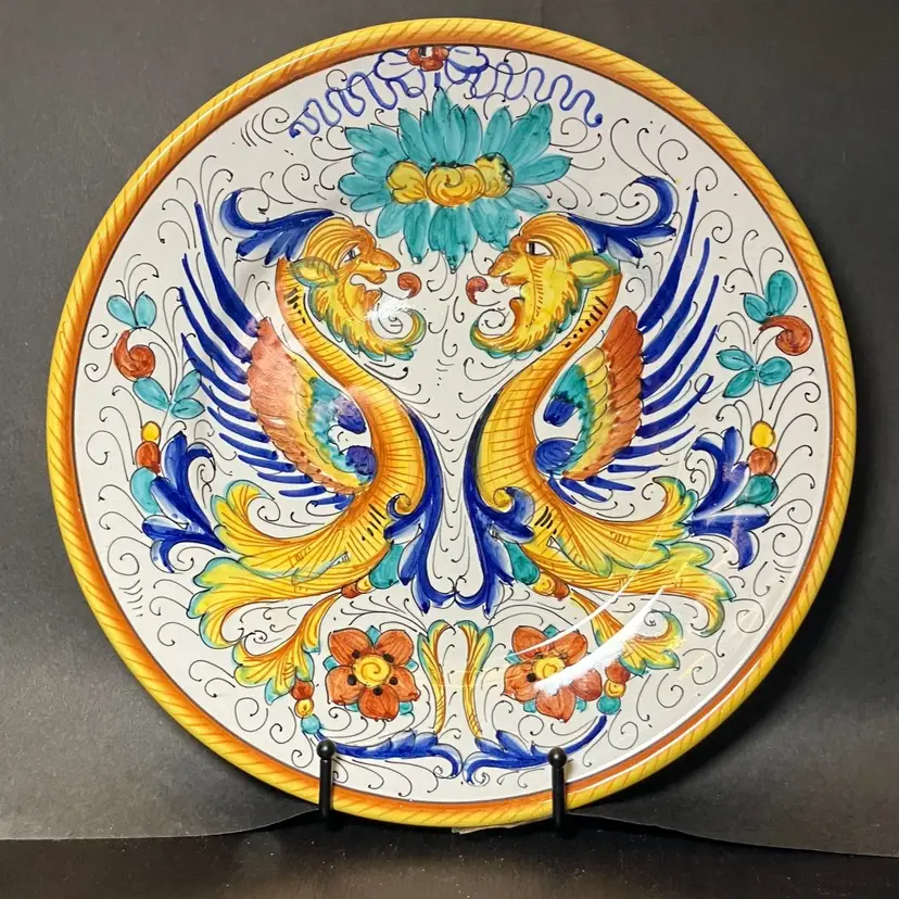 Handmade Deruta Majolica Ceramic Wall Plate Raffaellesco dragon motif Signed