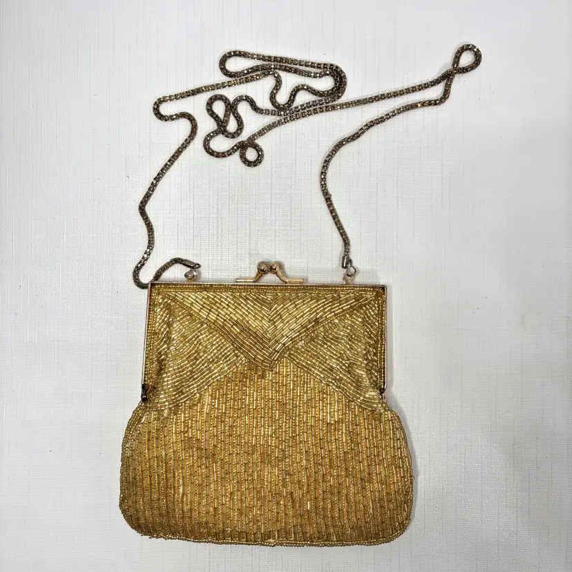Vintage La Regale Hand Beaded Gold Evening Bag Clutch Kiss Lock Formal Cocktail