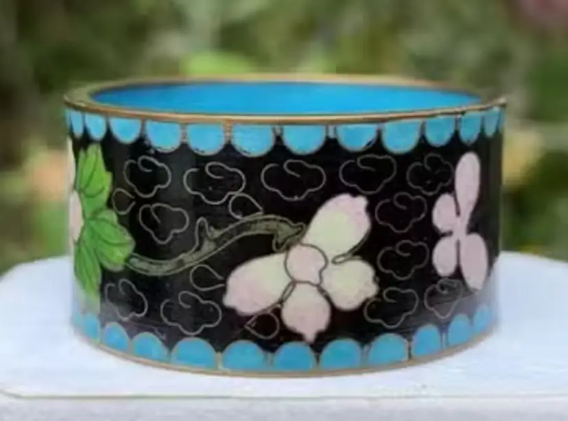 Cloisonné Enamel Floral Bangle Bracelet, Gold-Tone Edges
