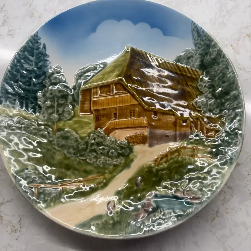 Vintage Embossed Black Forest Mountain Chalet Germany Majolica Wall Plate #2558