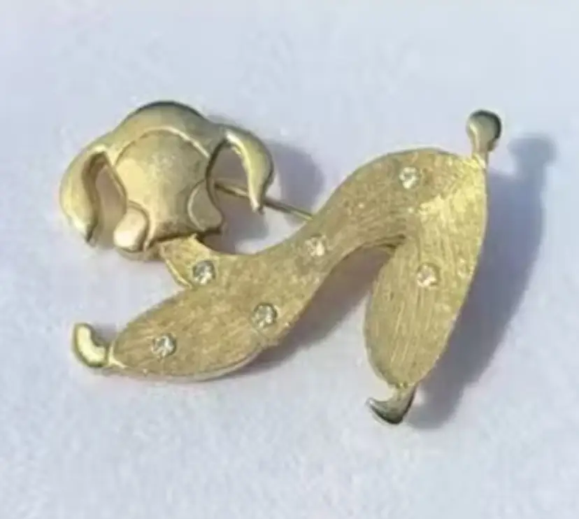 Vintage Dog Brooch, Gold Tone Poodle Brooch, Rhinestone Brooch Pin