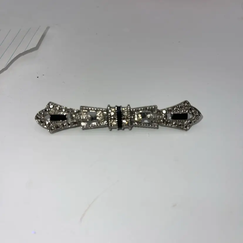 Silvertone Brooch With Jewel And Black Enamel