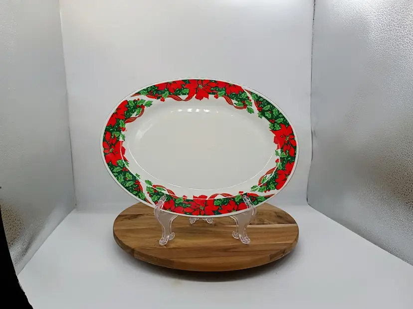 Vintage Gibson Poinsettia Holiday Pattern Christmas Oval Serving Platter 14x10.5 "