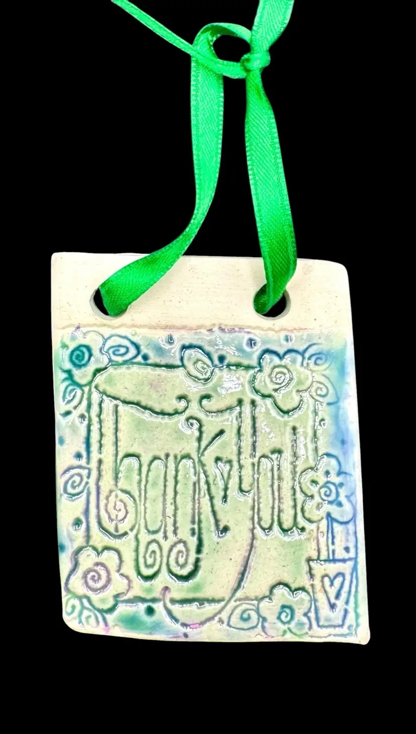 Studio Art Pottery Thank You Wall Hanging Gift Tag Pastel Green Blue Purple