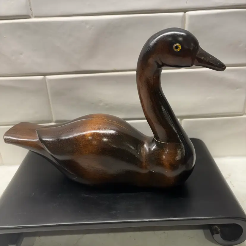 Vintage MCM Hand Carved Dark Wood Duck Figurine Glass Eyes Stylized Decoy