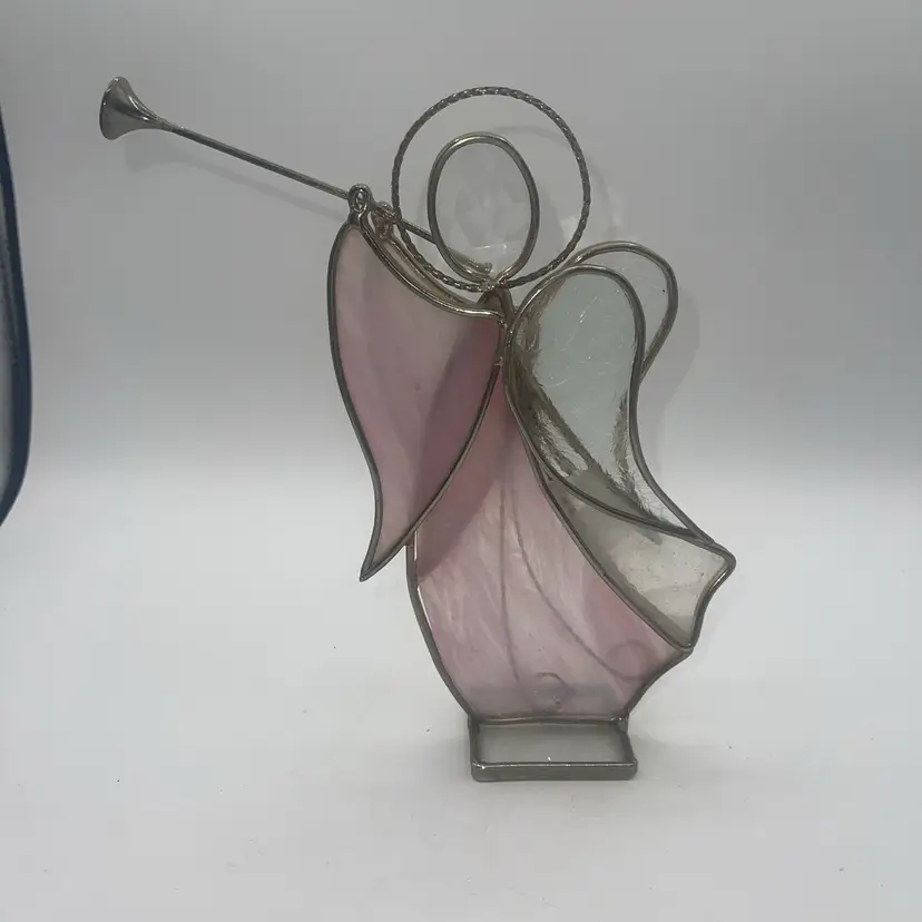 stained Glass Angel Blowing Trumpet 8 1/2 Inches Tall, Pink And Clear Stained Glass