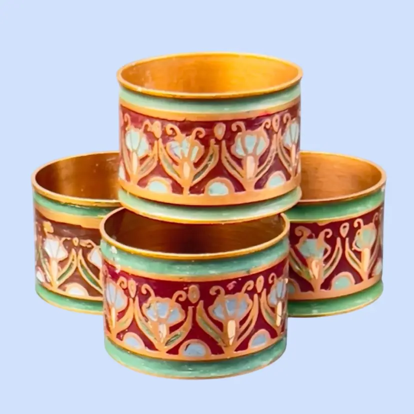 #165- Copper Napkin Rings 4pc Red Green Enamel