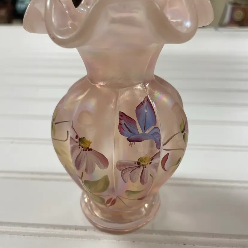 Vintage Fenton Hand-Painted Iridescent Glass Signed Vase