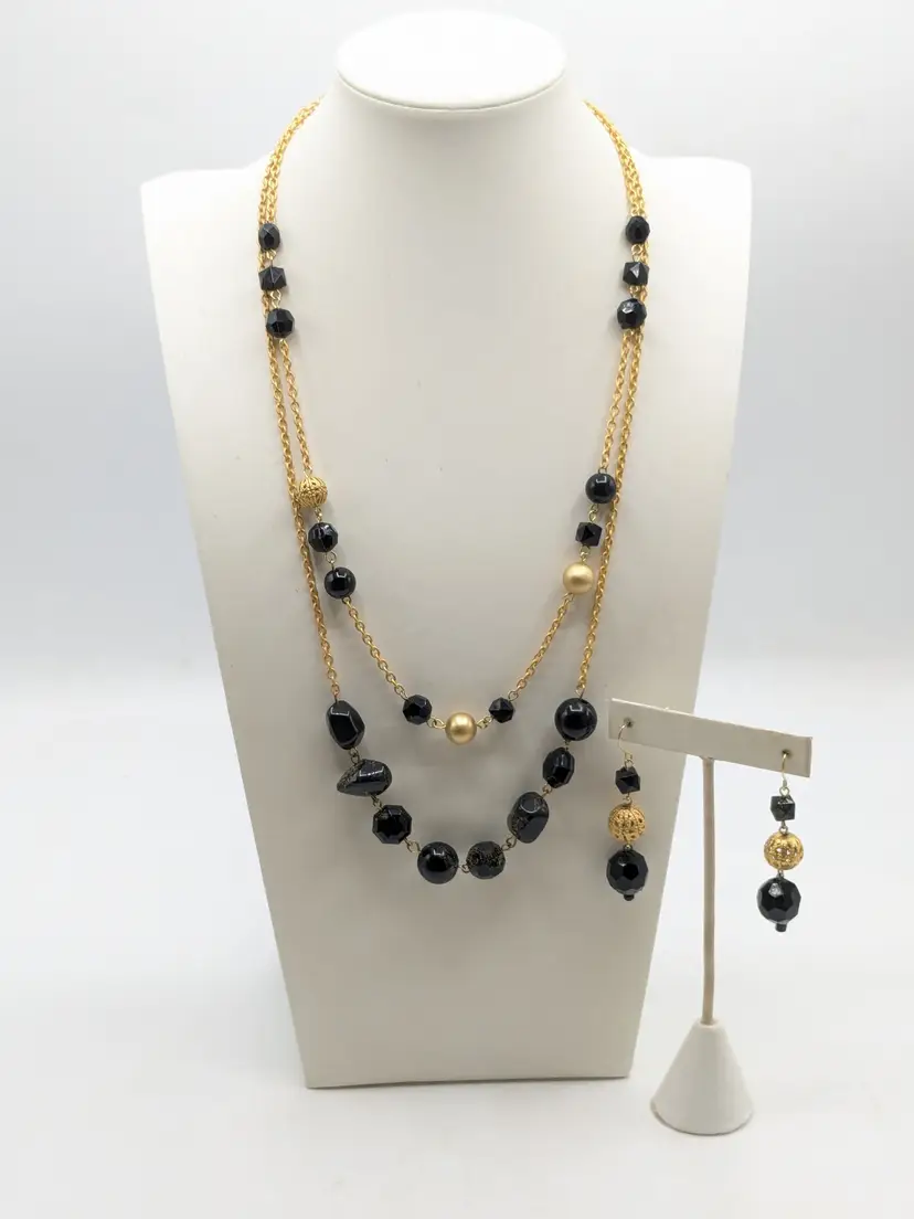 Gold Tone Black and Gold Beaded Double Strand Necklace & Earring Set