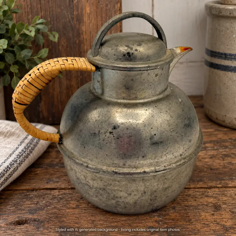 Vintage EAP Pewter Creamer Pitcher Rattan Wicker Handle Country Farmhouse Decor