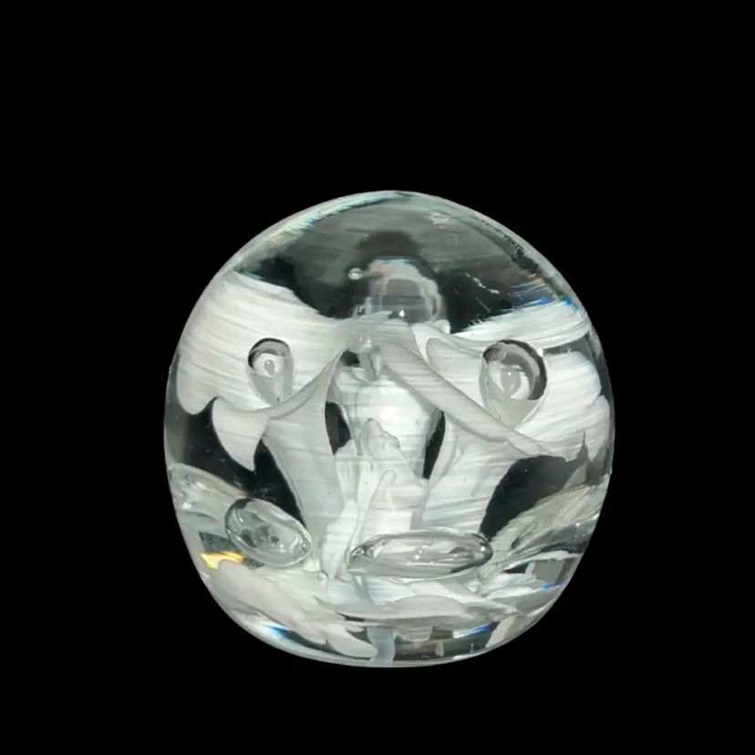 Studio Art Glass Paperweight White Trumpet Flowers Controlled Bubbles | 2.25”