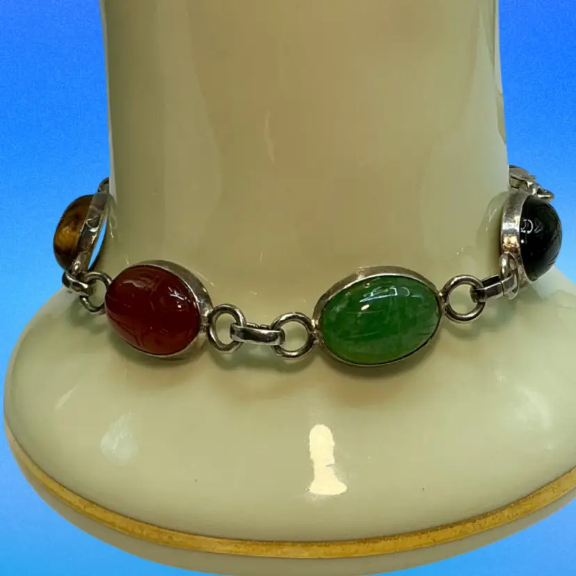 Sterling Silver Egyptian Revival Scarab 6 multi-stone link bracelet Sz 7