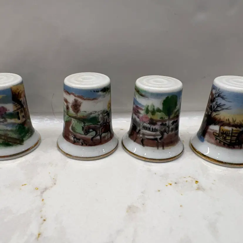 Vtg 4 Currier & Ives Porcelain Thimbles - Color Scenes Farm Scenes