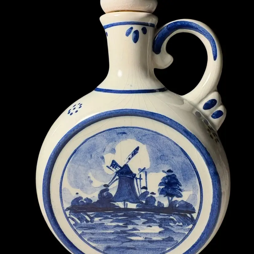 Vintage Delft Blue Blankenheym Distillery Jug Earthenware Gin Bottle Windmill Stopper
