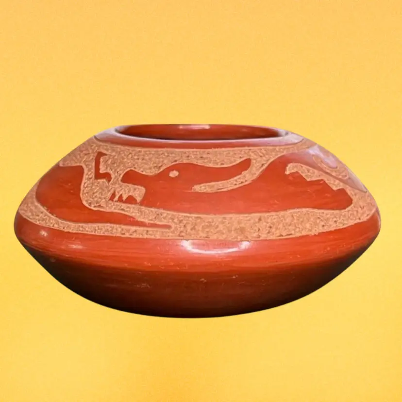 WATER SERPENT Clay Bowl VTG (1930s) Signed Rose (Gonzales) Carved Redware Pottery No Chips, Cracks, Or Crazing Pre-owned, Good Condition 2.5”x5.5”