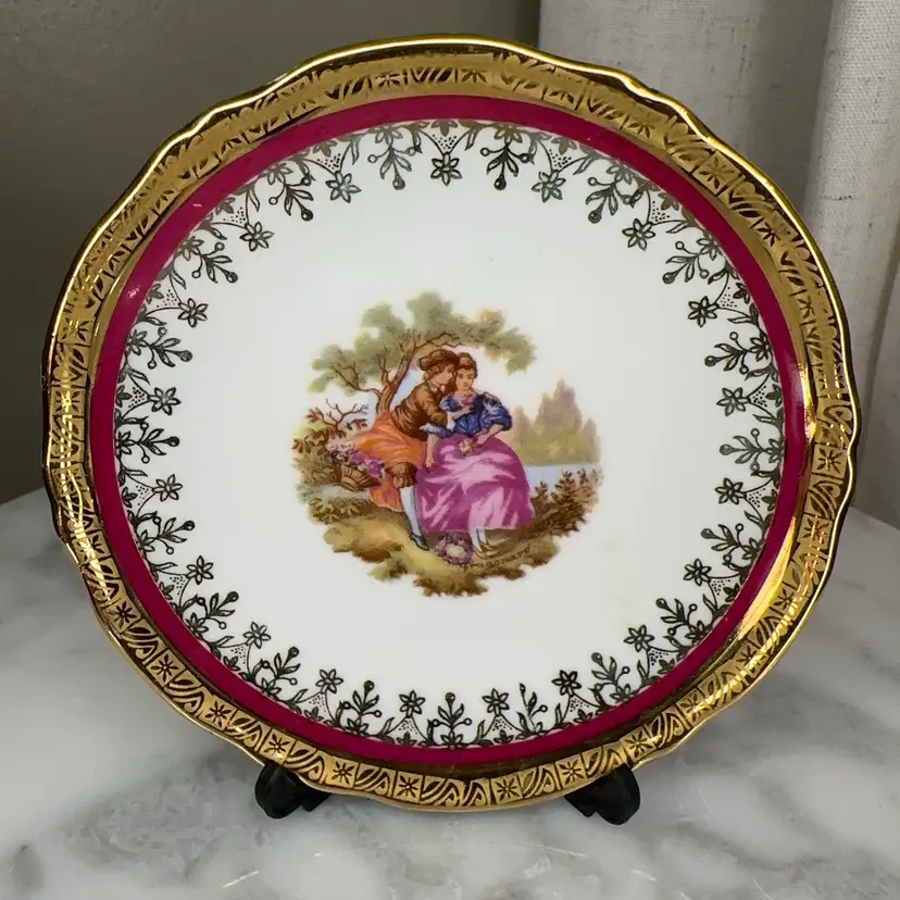 🔔 Vintage Limoges Courting Couple 4.25” Plate With Courting Couple and Maroon Rim (C)