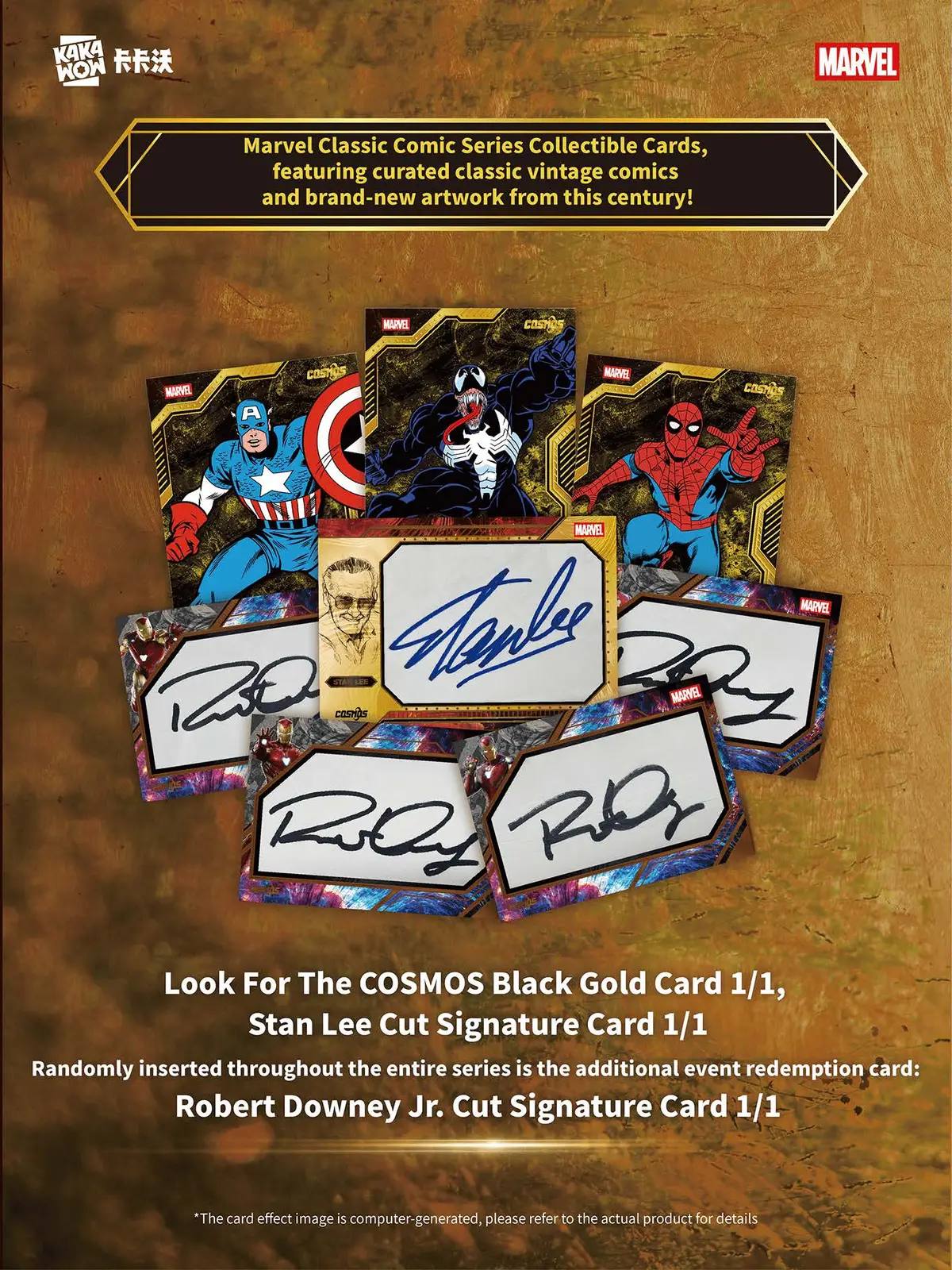 2025 Kakawow Cosmos Marvel premium chase cards featuring COSMOS Black Gold 1/1 parallels, Stan Lee cut signature, and Script Art Black Gold cards — the rarest and most valuable hits from the Marvel Classic Comic Series collector set