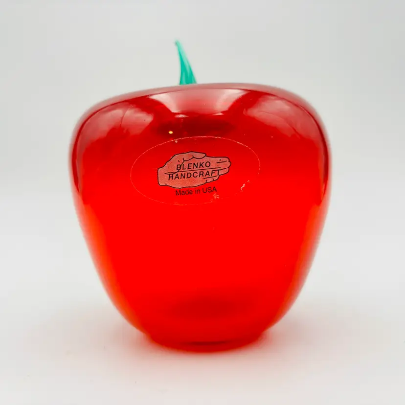Handblown Blenko Red Ruby Glass Apple Paperweight with Sticker
