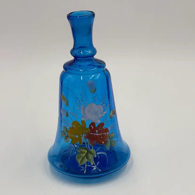 Antique Bohemian Blue Hand Blown Enameled Glass Flower Decanter Barber Bottle