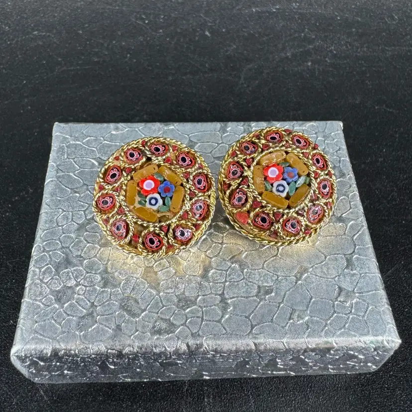 Vintage Italian Micro-Mosaic Floral Clip-on Earrings