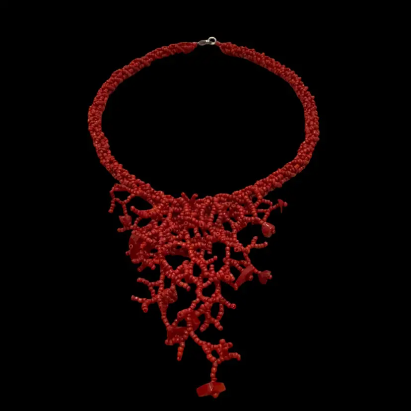 Artisan Made Red Glass Bead Dyed Red Coral Chip Coral Branch Boho Beachy Design Necklace 18”