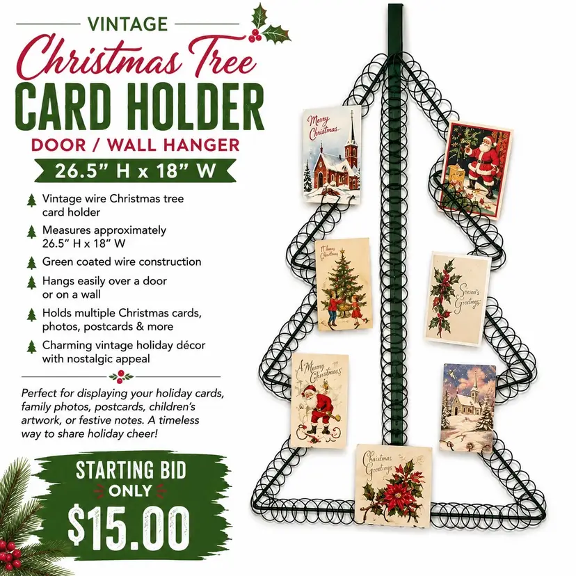 🎄 Vintage Wire Christmas Tree Card Holder Door/Wall Hanger 26.5” x 18” Holiday Display