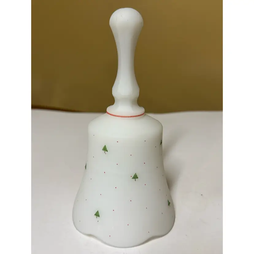 Fenton Satin Glass Bell With Handpainted Trees And Red Polka Dots Christmas 6.5”
