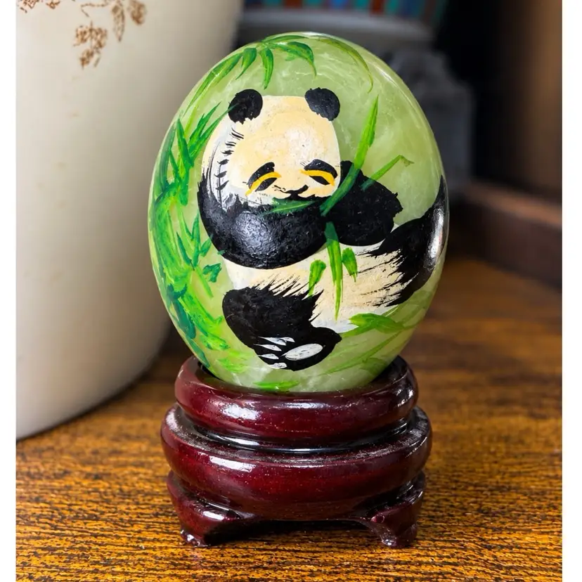 😻 Chinese Hand-Painted Panda Bear Jade Stone Miniature Egg w/ Wooden Stand 2”