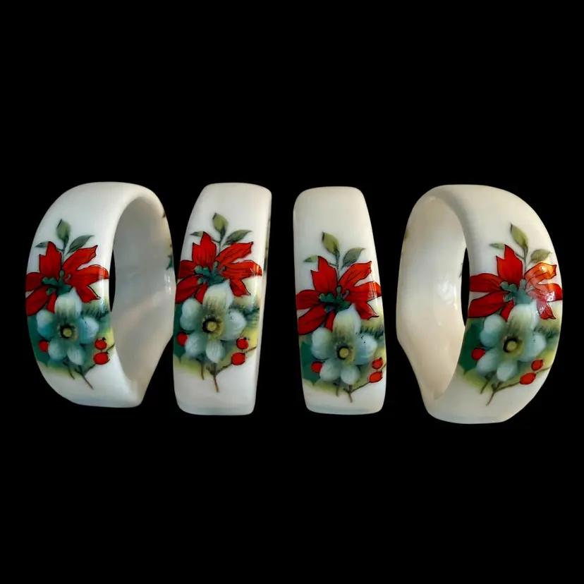 Set of 4 Vintage Bone China Napkin Rings with Hand Painted Poinsettias ~ TAIWAN