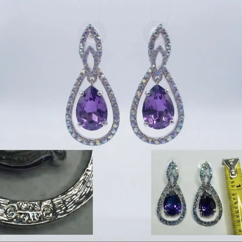 Signed Kirks Folly Purple Faceted Crystal & Aurora Borealis Teardrop Dangle Earrings