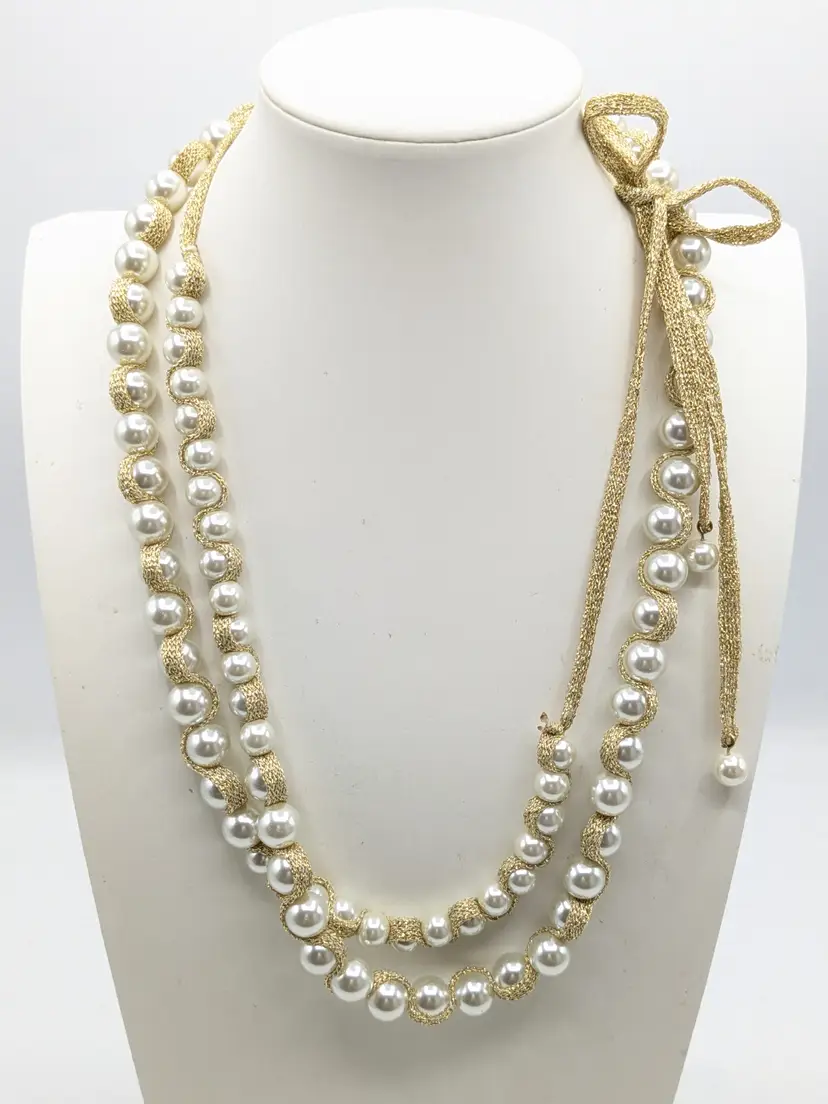 Gold Ribbon and Faux Pearl Beaded Necklace with Bow NWOT