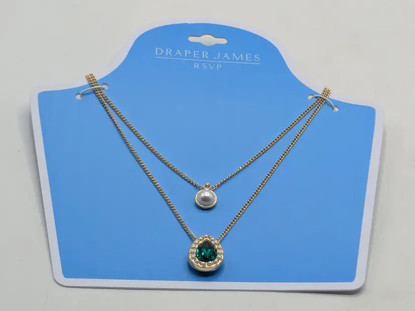 Draper James RSVP Gold Tone Double Layer Necklace Faux Emerald and Pearl NWT