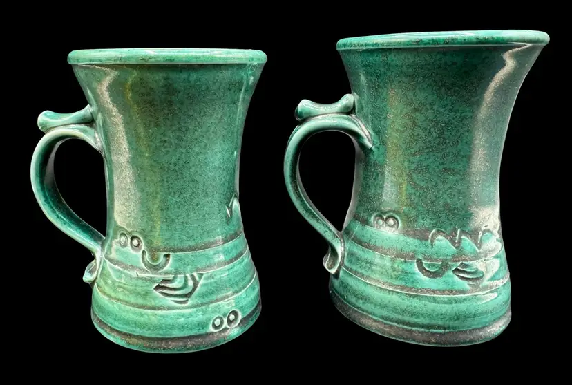 Set of 2 Signed Don Sprague Studio Art Pottery Coffee Mugs Green Abstract 5.5”