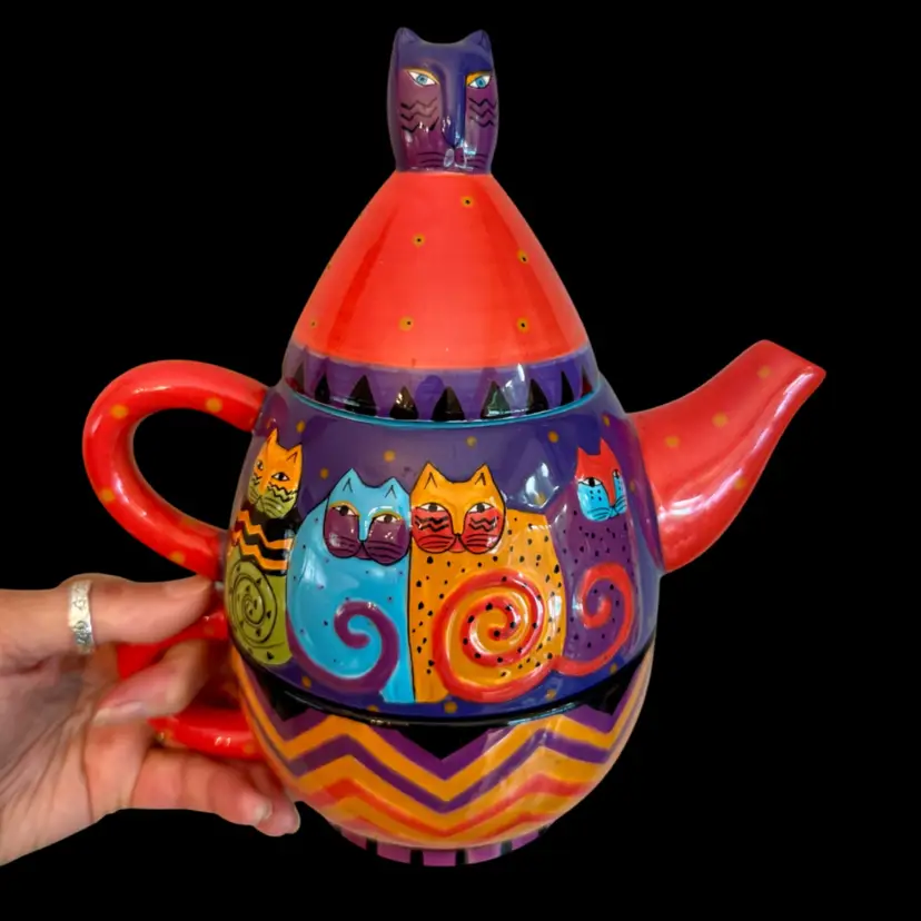 Vintage Laurel Burch for Ganz Tea for One Whimsical Fall Colored Cats Teapot & Cup w/ Org. Label 8.5” x 8”x 5”