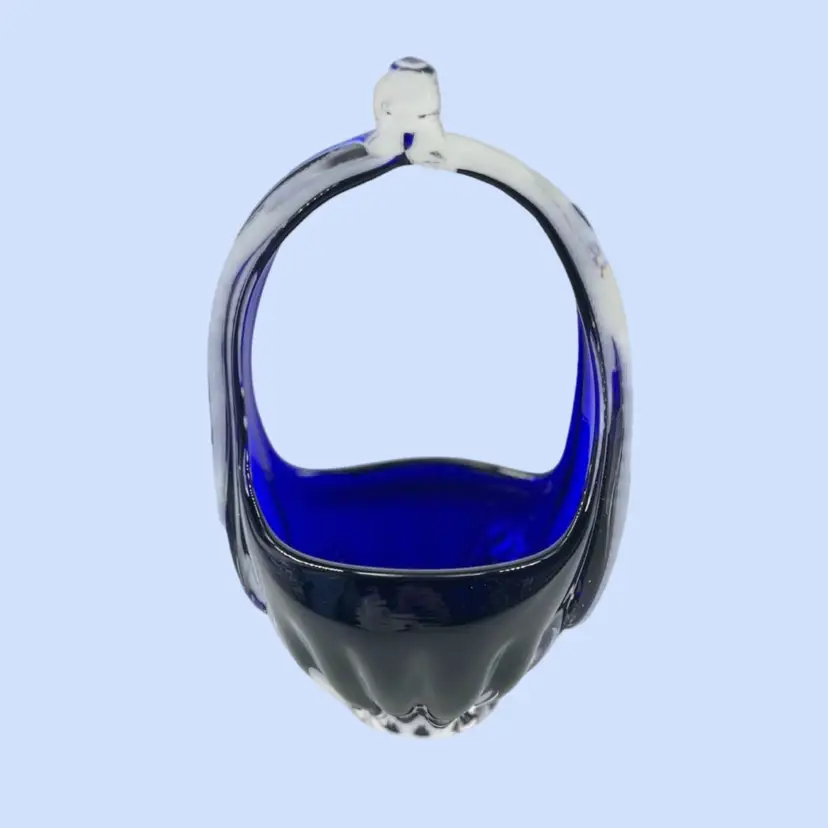 #081- Art Glass Basket Vase Cobalt Blue Knot Handle Flat Polished Bottom