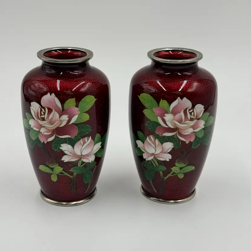Japanese Ginbari Cloisonne Vintage Pair 5” Floral Vase Rose Pigeon Blood Red