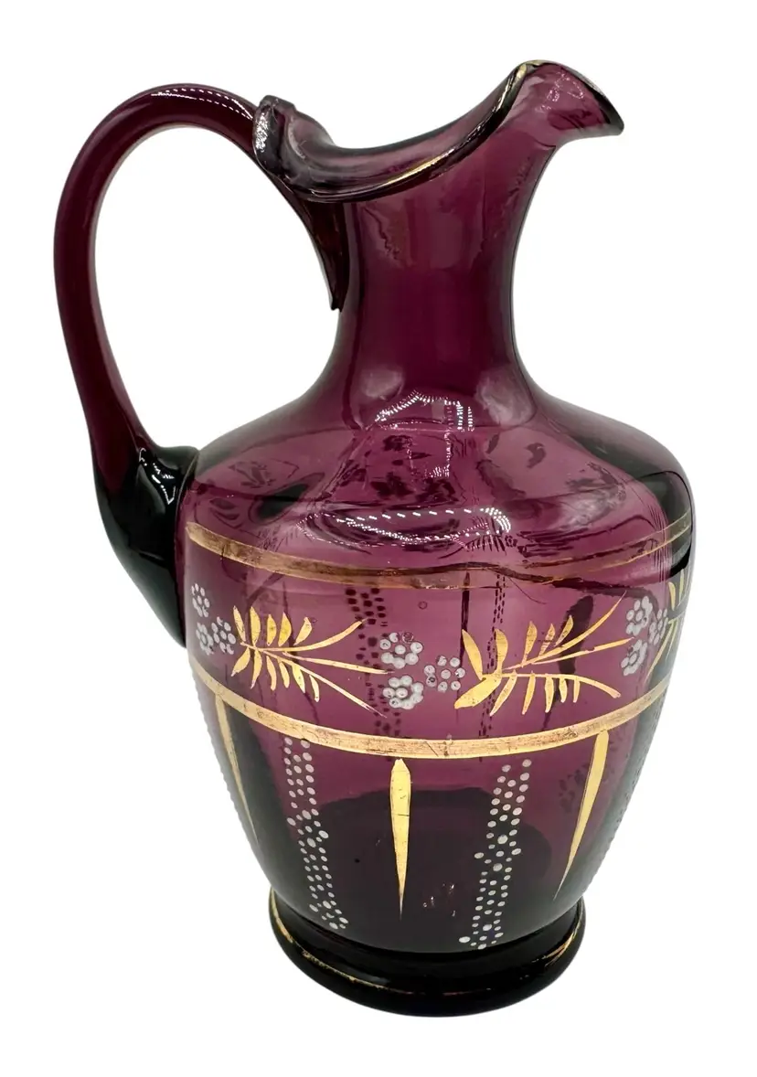 Vintage Handblown Amethyst Glass Cruet Pitcher Purple Floral Gold Hand Painted