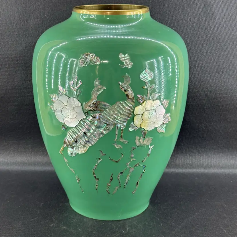 Vintage Green Enamel Over Brass Vase Mother of Pearl Inlay Peacock Bird